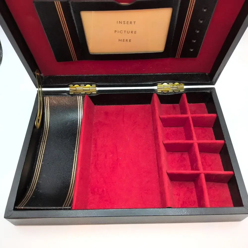 Vintage Men's Valet Accessories Jewelry Box Display Fleur De Lis Black Red Lined